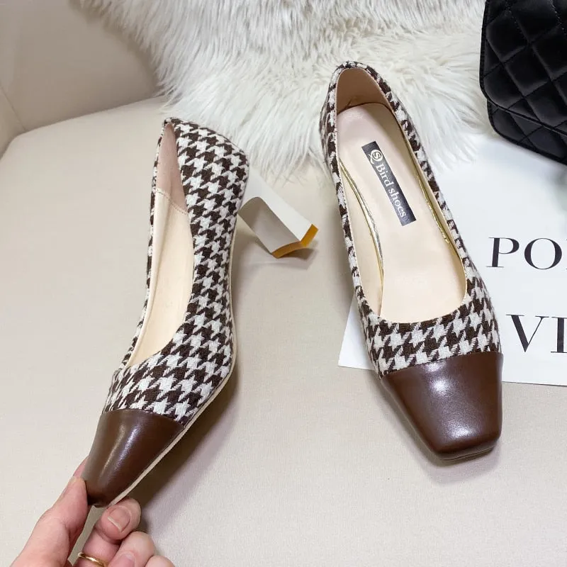 Amozae-  Fashionable 7 Cm High Square Heel Houndstooth Decorative Design  Sandals Summer New Cause Mules Women's High Heels AA6