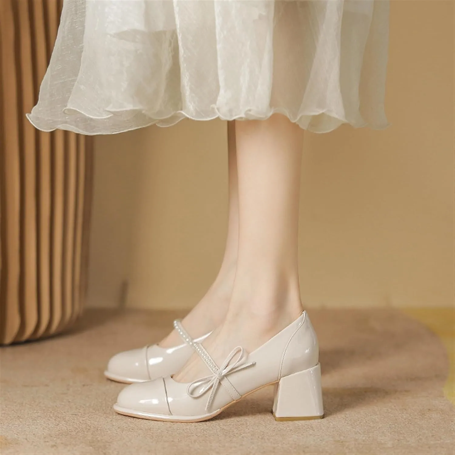High Heels Thick Heel Soft Fairy Bowknot Pearl Mary Jane Shoes for Girls Stylish and Comfortable Footwear