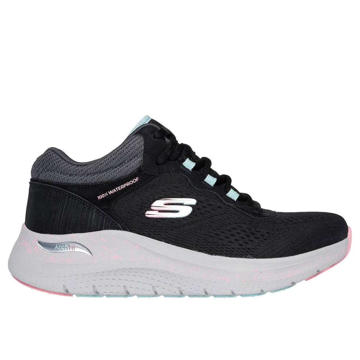 Skechers 150194 Arch Fit 2.0-Rainy Days Ladies Black Multi Textile Waterproof Vegan Arch Support Lace Up Ankle Boots