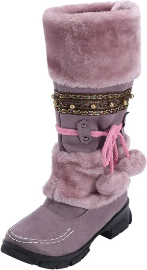 Women's Snow Boots Suede Mid Calf Dressy Winter Boots Pompom Non Slip Fuzzy Fur Booties Cold Weather Lace Up Ankle Boots Ladies Walking Hiking Booties